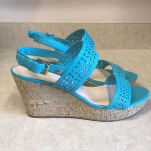 Liz Claiborne Kian Teal Laser Cut Wedge Sandals